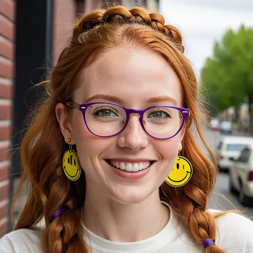 Prompt:  portrait of a smiling 27 year-old woman. green eyes. cover with dark freckle. long ginger hair ginger in a French braid.   wearing  red lipstick. purple broad rimmed eyeglasses.  1970s yellow smiley face earrings,  and  white t-shirt with a 1970s yellow smiley face. photo.