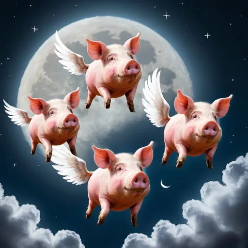 Prompt: three pigs flying over moon
