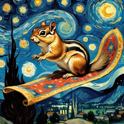 Prompt: A Chipmunk  flying on a "magic carpet" in "The Starry Night" by Vincent van Gogh