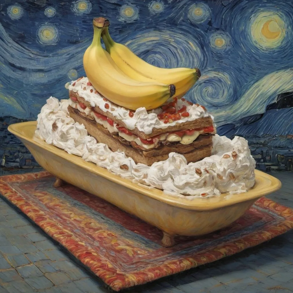 Prompt: A "banana split" flying on a "magic carpet" in "The Starry Night" by Vincent van Gogh