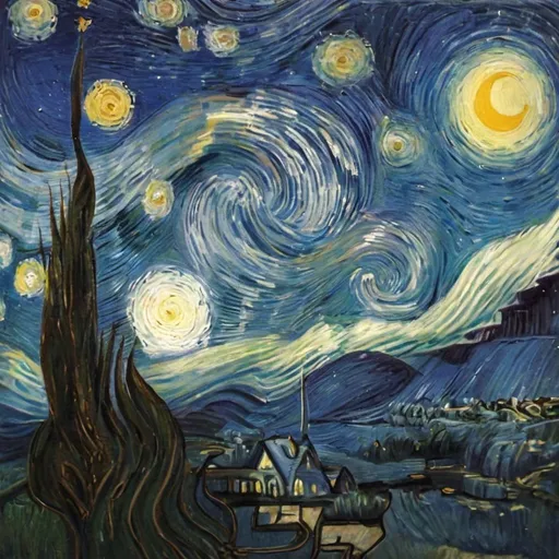 Prompt:  "The Starry Night" by Vincent van Gogh

A white star born in the evening glow Looked to the round green world below, And saw a pool in a wooded place That held like a jewel her mirrored face. She said to the pool: "Oh, wondrous deep, I love you, I give you my light to keep. Oh, more profound than the moving sea That never has shown myself to me! Oh, fathomless as the sky is far, Hold forever your tremulous star!" But out of the woods as night grew cool A brown pig came to the little pool; It grunted and splashed and waded in And the deepest place but reached its chin. The water gurgled with tender glee And the mud churned up in it turbidly. The star grew pale and hid her face In a bit of floating cloud like lace. [ The Star By Sara Teasdale]