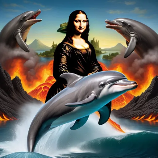 Prompt: Mona Lisa full from head to toe body shot, riding a dolphin  jumping out a lake of  lava