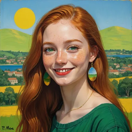 Prompt: a half-length portrait painting,
20 year-old college woman
cover with dark freckle,
green eyes,
long ginger hair,
red lipstick,
a smile on her face, 
yellow-happy-face  ON gold-earrings,  
T-shirt, 
with a green background and a blue sky,
1970s oil painting,
 a painting in the style of  Mona Lisa