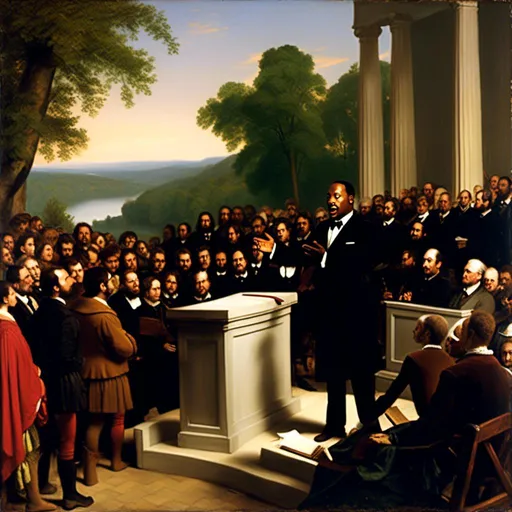 Prompt: <mymodel>painting of Martin Luther King giving a speech, Albert Bierstadt, Hudson River School, a fine art painting, UHD, 64K