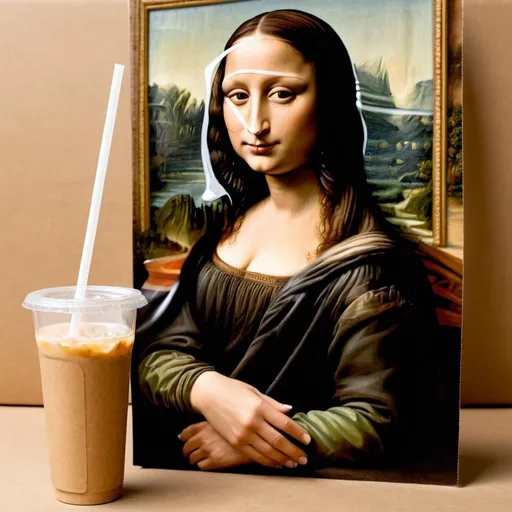 Prompt: Mona Lisa drinking through a straw stuck in an open glass bottle that is wrap in a brown paper.