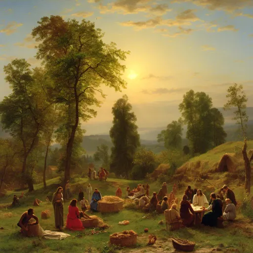 Prompt: <mymodel> a painting of Jesus  with a halo giving bread  and fish to a group of five thousand. people in a field with trees and people in the background, Carl Heinrich Bloch, naive art, renaissance oil painting, a storybook illustration

Then, because so many people were coming and going that they did not even have a chance to eat, he said to them, “Come with me by yourselves to a quiet place and get some rest.”

 So they went away by themselves in a boat to a solitary place.  But many who saw them leaving recognized them and ran on foot from all the towns and got there ahead of them. When Jesus landed and saw a large crowd, he had compassion on them, because they were like sheep without a shepherd. So he began teaching them many things.

By this time it was late in the day, so his disciples came to him. “This is a remote place,” they said, “and it’s already very late.  Send the people away so that they can go to the surrounding countryside and villages and buy themselves something to eat.”

 But he answered, “You give them something to eat.”

They said to him, “That would take more than half a year’s wages! Are we to go and spend that much on bread and give it to them to eat?”

 “How many loaves do you have?” he asked. “Go and see.”

When they found out, they said, “Five—and two fish.”

Then Jesus directed them to have all the people sit down in groups on the green grass. So they sat down in groups of hundreds and fifties. Taking the five loaves and the two fish and looking up to heaven, he gave thanks and broke the loaves. Then he gave them to his disciples to distribute to the people. He also divided the two fish among them all. They all ate and were satisfied, and the disciples picked up twelve basketfuls of broken pieces of bread and fish. The number of the men who had eaten was five thousand.
