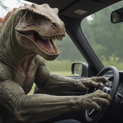 Prompt: [tyrannosaurus is driving a convertible with hand on steering wheel]