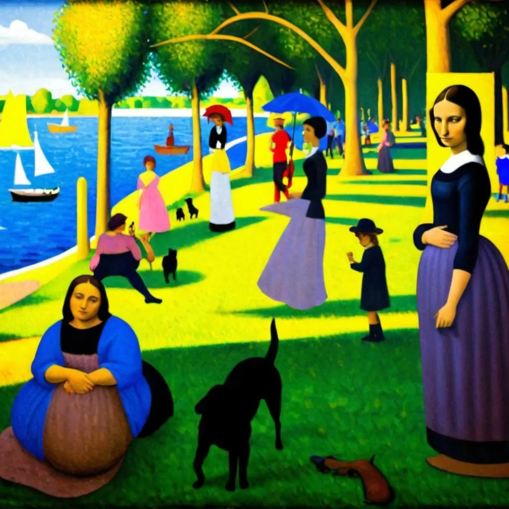 Prompt: "Mona Lisa" walking in  th background of "A Sunday Afternoon on the Island of La Grande Jatte" by Georges Seurat 