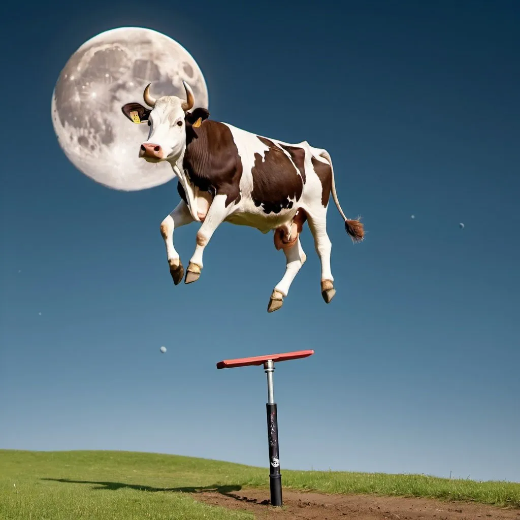 Prompt:  A cow on a pogo stick  jumping over the Moon