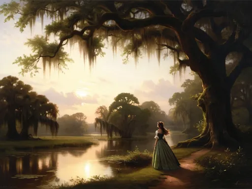 Prompt: "Journey back to the romantic and mystical atmosphere of 18th-century French Louisiana as you depict the iconic figure of Evangeline standing beneath the spreading branches of a majestic oak tree draped in Spanish moss. Let the soft, ethereal light of the bayou filter through the moss and leaves, casting gentle shadows on Evangeline's figure.

Capture the depth of Evangeline's emotions as she gazes out across the tranquil waters of the bayou, her eyes filled with longing and hope as she waits for her forever lost love, Gabriel. Infuse your artwork with a sense of melancholy and nostalgia, reflecting Evangeline's enduring devotion and the timeless themes of love and loss.

Experiment with color, texture, and brushstrokes to convey the lush beauty of the Louisiana landscape and the timeless allure of Evangeline's character. Whether you choose to depict her in a moment of quiet contemplation or with a hint of movement as a gentle breeze stirs the moss and ripples the water, let your imagination transport viewers to a world of romance and enchantment.