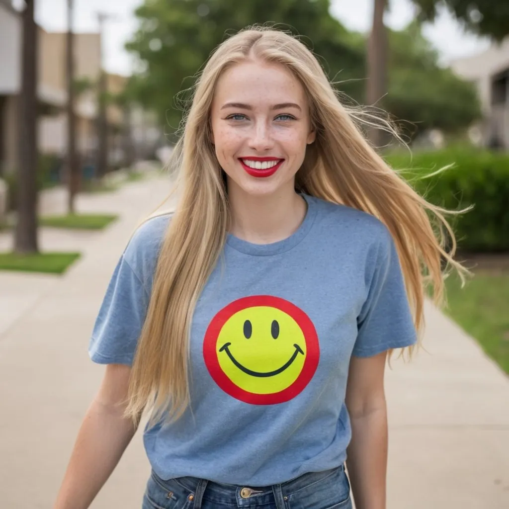 Prompt: a  portrait, 27 year-old woman, walking on a dry sidewalk, cover with dark freckle, green eyes, long blonde hair, red lipstick, a smile on her face, smiley-face t-shirt, long blue jean, red and blue tennis shoes,  photo 