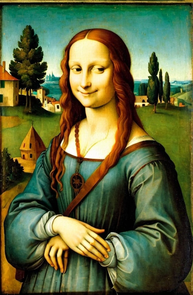 Prompt: a painting of a woman with long hair and a smile on her face, with a green background and a blue sky, Fra Bartolomeo, academic art, da vinci, a painting