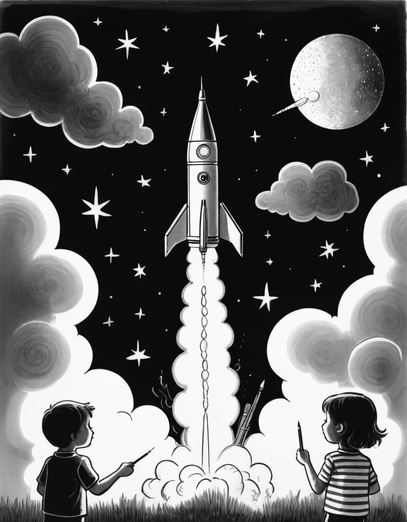 Prompt: a  black and white child's drawing of a of a rocket is being launched on a clear night with fire and smoke billowing out of it's back, Chris Ware, naive art, storybook illustration, a child's drawing