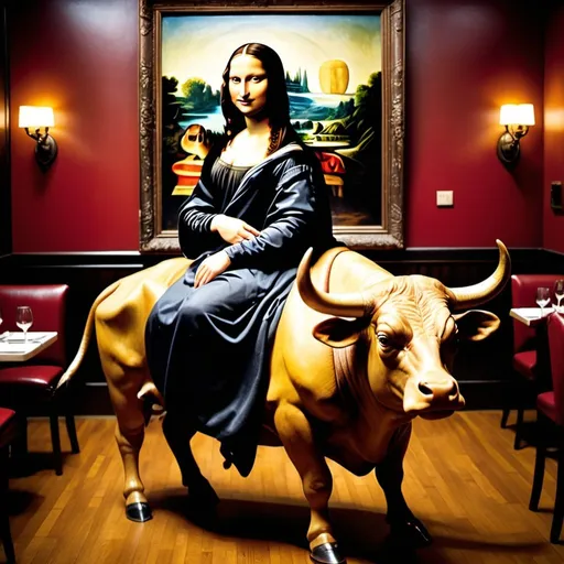 Prompt: Mona Lisa  riding a bull in  a steakhouses restaurants