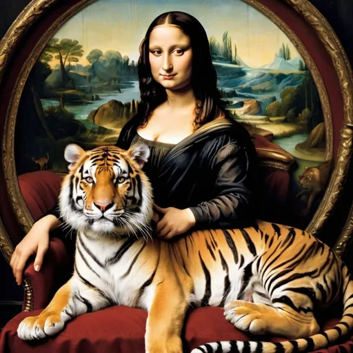 Prompt: Mona Lisa riding a Tiger in a three Ring Circus