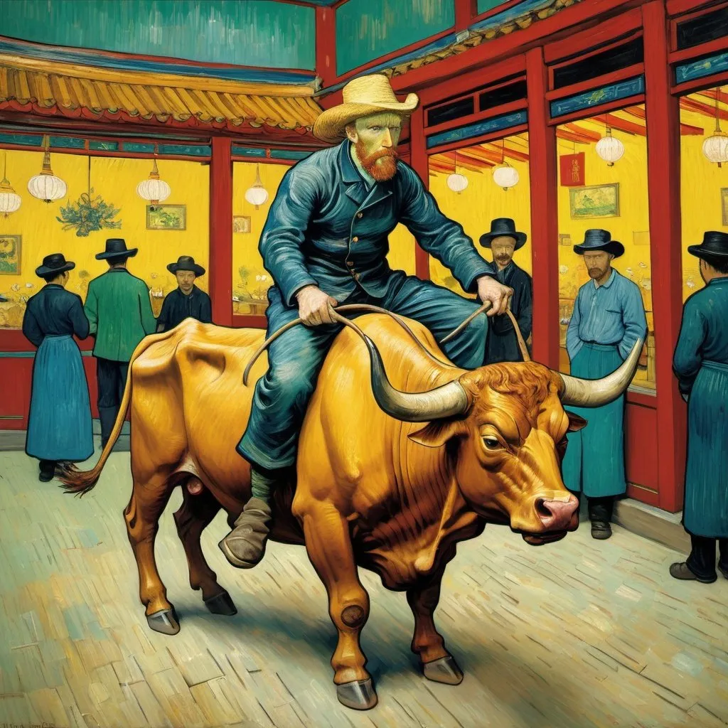 Prompt: "Vincent van Gogh" riding a bull in  a china shop