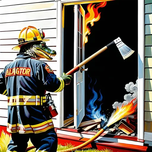 Prompt: A painting profile view of an anthropomorphic alligator as firefighter, suit firefighter suit helmet on using an ax to chop a door of a home that is on fire.
