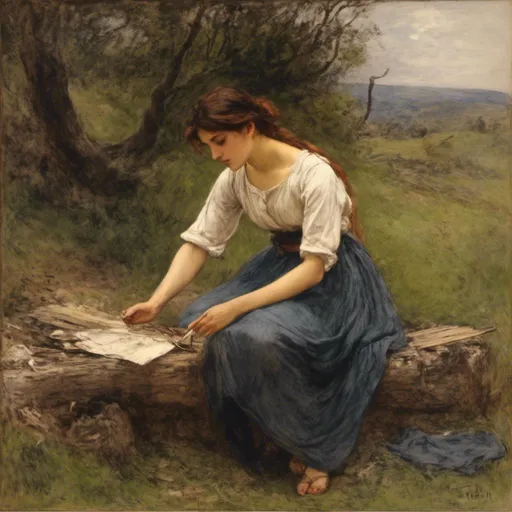 Prompt: <mymodel>Create a professional oil painting in the styles of Carl Heinrich Bloch, the American Barbizon School, William-Adolphe Bouguereau, and Flemish Baroque art. Depict a young woman in a serene, rustic setting, engaged in a domestic task, wearing a traditional 19th-century dress.

Subject: A young woman in a rural setting, arranging a bowl of oranges and apples on a wooden table covered with a white cloth.

Dress Description:

Overlay: Black dress with a fitted bodice.
Undershirt: White, with large, puffed sleeves gathered at the wrists, visible at the neckline and cuffs.
Skirt: Part of the black dress, long and full.
Details: Green accent fabric visible under the black sleeves. White headscarf tied loosely, covering her hair.
Composition: Position the woman centrally, leaning over the table, hands gently touching the fruit. Her expression should be serene and focused.

Background: Rustic interior with an arched doorway opening to a lush green landscape, including rolling hills, distant trees, and a bright blue sky with soft white clouds.

Lighting: Use chiaroscuro with light coming from the right, illuminating her face and hands, casting soft shadows on the table and fruit. The background should have gentle, natural light contrasting with the darker interior.

Detail and Realism: Emphasize textures and details of the dress, fruit, and setting. Ensure the fabric looks realistic with visible folds. The fruit should appear fresh and vibrant.

Color Palette: Rich, deep tones. The black dress contrasts with the white undershirt and headscarf. The fruit should be vibrant oranges and apples. The background should have earthy tones and lush greens.

Atmosphere: Calm and reflective, capturing a timeless moment of simplicity and beauty in rural life.

This rephrased prompt should help the AI tool to clearly understand the specifics of the dress and scene, ensuring accurate representation.