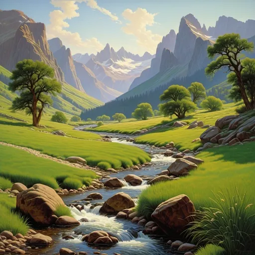 Prompt: a painting of a stream running through a green valley with mountains in the background and grass and rocks in the foreground, Brothers Hildebrandt, american scene painting, highly detailed oil painting, a detailed matte painting