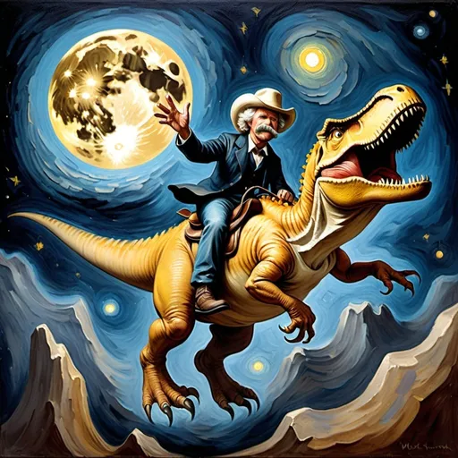 Prompt: a painting  of Mark Twain wearing cowboy hat riding tyrannosaurus, that is jumping over the Moon.  in the style of "The Starry Night" by Vincent van Gogh
