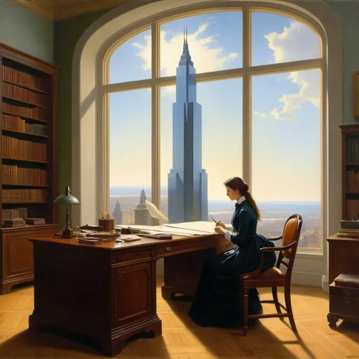 Prompt: painting of a woman working in  an office as an architect designing a skyscraper, Albert Bierstadt, precisionism, giantess art, a realistic painting