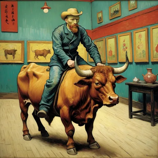 Prompt: "Vincent van Gogh" riding a bull in  a china shop