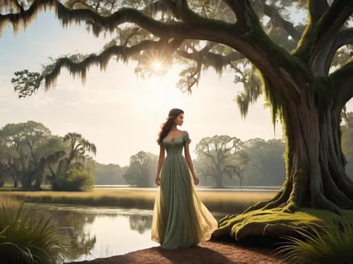 Prompt: "Journey back to the romantic and mystical atmosphere of 18th-century French Louisiana as you depict the iconic figure of Evangeline standing beneath the spreading branches of a majestic oak tree draped in Spanish moss. Let the soft, ethereal light of the bayou filter through the moss and leaves, casting gentle shadows on Evangeline's figure.

Capture the depth of Evangeline's emotions as she gazes out across the tranquil waters of the bayou, her eyes filled with longing and hope as she waits for her forever lost love, Gabriel. Infuse your artwork with a sense of melancholy and nostalgia, reflecting Evangeline's enduring devotion and the timeless themes of love and loss.

Experiment with color, texture, and brushstrokes to convey the lush beauty of the Louisiana landscape and the timeless allure of Evangeline's character. Whether you choose to depict her in a moment of quiet contemplation or with a hint of movement as a gentle breeze stirs the moss and ripples the water, let your imagination transport viewers to a world of romance and enchantment.