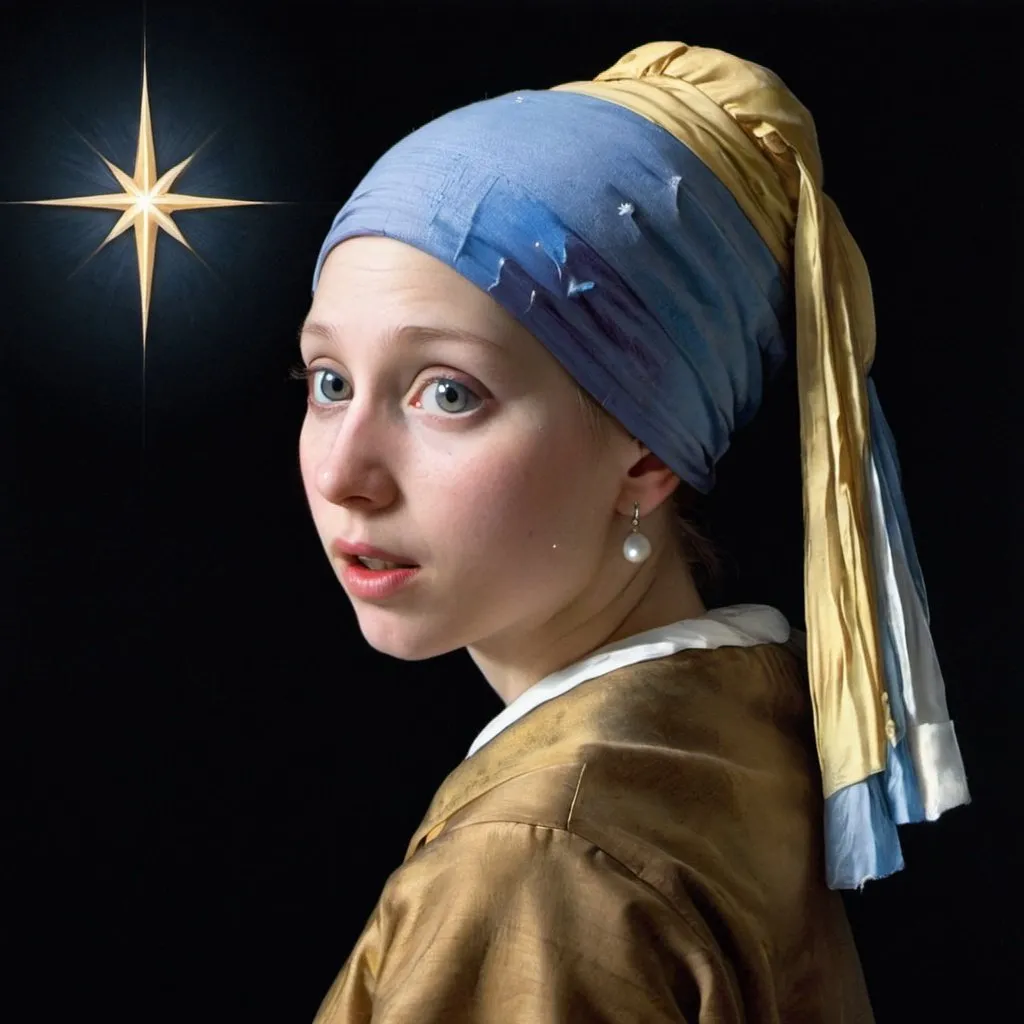 Prompt: "the girl with the pearl earring" catching a "falling star"