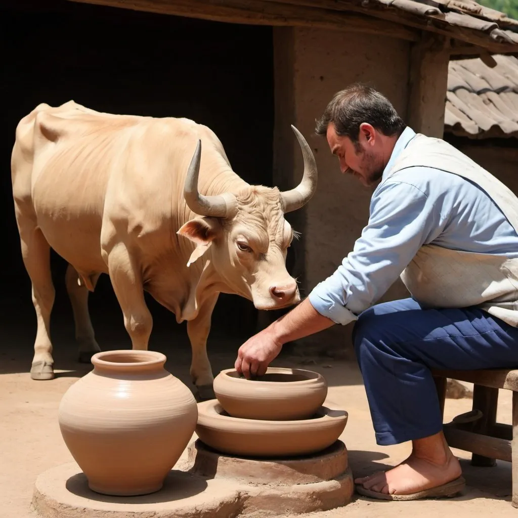 Prompt: a bull making pottery on pottery wheel