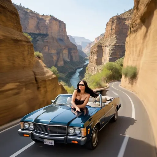Prompt: Mona Lisa riding a convertible  that is jumping over a canyon.