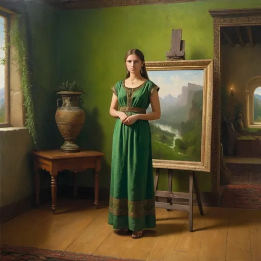 Prompt: a woman in a green dress standing in a room with a painting on the wall behind her and a painting on the wall behind her, 8th century BC, Albert Bierstadt, Full body portrait, a painting