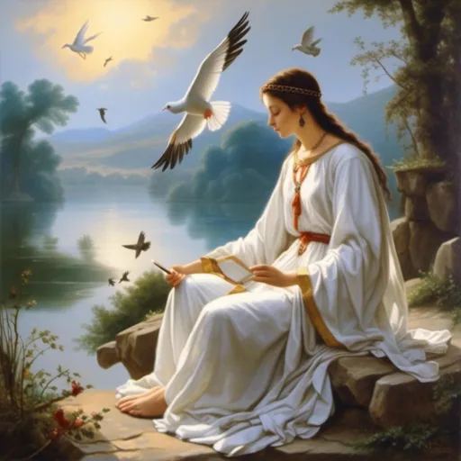 Prompt: <mymodel>a painting of a woman sitting on a rock by a lake with birds flying around her and a dove in the sky, Anne Stokes, figurative art, classical painting, a fine art painting