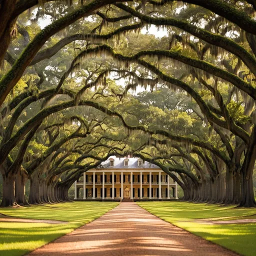 Prompt: "Step into the timeless elegance of Oak Alley Plantation as you reimagine the iconic view looking towards the main house from the direction of the Mississippi River.

Capture the grandeur of the plantation's majestic oak-lined pathway, where centuries-old trees create a dramatic canopy overhead, casting dappled shadows on the winding path below.

Experiment with perspective and composition to evoke a sense of depth and scale, drawing viewers into the scene as they follow the pathway towards the stately main house in the distance.

Explore the interplay of light and shadow as the golden hues of the setting sun illuminate the plantation grounds, infusing the landscape with warmth and vitality.

Consider incorporating elements of history and narrative into your interpretation of Oak Alley Plantation, inviting viewers to reflect on the complex legacy of the antebellum South and the lives of those who lived and worked on the plantation.

Whether you choose to work with traditional mediums such as paint or pencil, or explore digital techniques and mixed media, let your imagination take flight as you breathe new life into this iconic Southern landmark.

Embrace the spirit of discovery and exploration as you embark on a journey through time and space, inviting viewers to join you on a captivating artistic voyage through the splendor of Oak Alley Plantation."