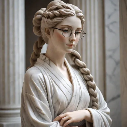 Prompt: White Marble statue of ((25-year-old woman, long hair  in a French braid,  white broad rimmed eyeglasses,  in a kimono broad, detailed, elegant pose, long flowing sleeves, serene expression, high quality, classical sculpture, ancient Greek, detailed features, white marble, elegant pose, graceful, soft lighting, traditional, historical, realistic details, classical art, serene expression, lifelike, smooth curves, goddess-like, ancient beauty, classical, sophisticated, traditional sculpture, elegant, natural lighting