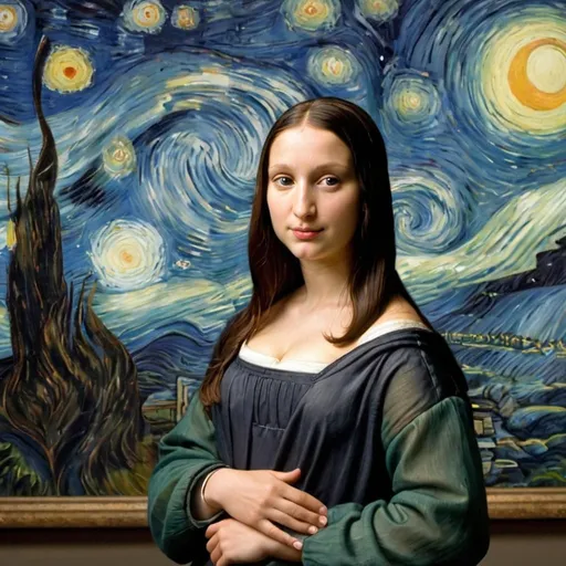 Prompt: "Mona Lisa" run in late for a college class in   in "The Starry Night" by Vincent van Gogh