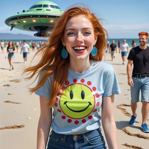 Prompt: photorealistic portrait of a [(27 year-old woman),  (cover with dark freckle), (green eyes), (long ginger hair), (red lipstick), (a smile on her face), ( smiley face earrings), (smiley-face t-shirt), (long blue jean), (red and blue tennis shoes),]on the beach, looking very excited at an attacking UFO