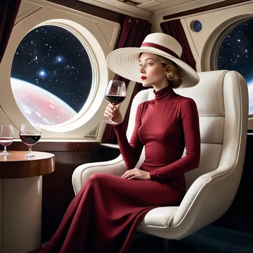 Prompt: a 21-year-old woman in a long flower print Empire Dress with a high neck line and white hat sitting on a spaceplane seat with a hat on her head drinking a glass of red wine,  and (( the Andromeda Galaxy))  in the background with a window, Annie Leibovitz, precisionism, promotional image, an art deco painting  drinking red wine,