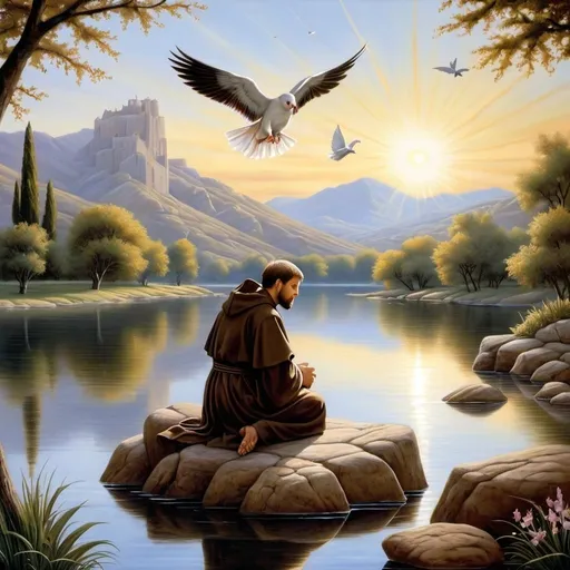 Prompt: a painting of  St Francis of Assisi sitting on a rock by a lake with birds flying around him and a dove in the sky, Lord  make me a channel of thy peace that where there is hatred  I may bring love that where there is wrong I may bring the spirit of forgiveness that where there is discord  I may bring harmony that where there is error  I may bring truth that where there is doubt  I may bring faith that where there is despair  I may bring hope that where there are shadows  I may bring light that where there is sadness  I may bring joy Lord  grant that I may seek rather to comfort than to be comforted to understand  than to be understood to love  than to be loved For it is by self-forgetting that one finds It is by forgiving that one is forgiven It is by dying that one awakens to Eternal Life ,Anne Stokes, figurative art, classical painting, a fine art painting