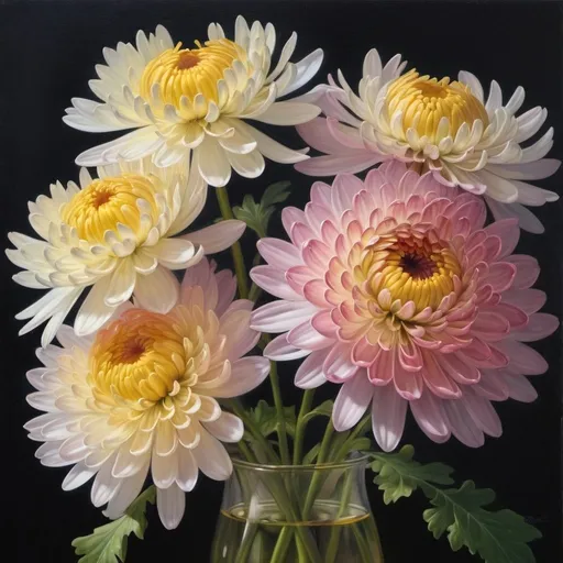 Prompt: Create a UHD, 64K, professional oil painting in the style of Carl Heinrich Bloch, blending elements of realism, Chrysanthemum,