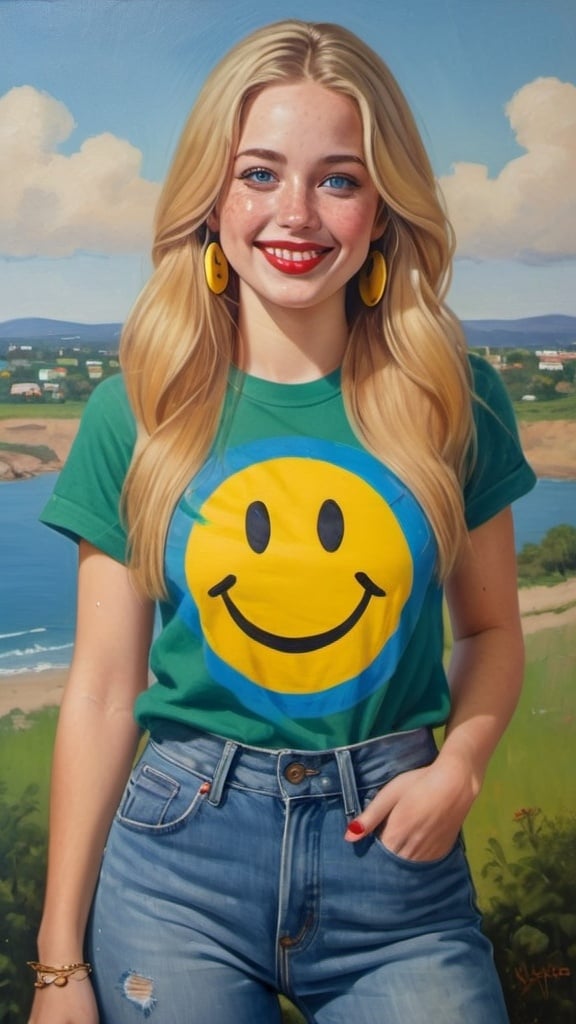 Prompt: a full-length portrait painting,
27 year-old  woman,
cover with dark freckle,
blue eyes,
long blonde hair,
red lipstick,
a smile on her face, 
gold-earrings-with-a-smiley-face- ON-them,  
smiley-face-T-shirt, 
long blue jean,
with a green background and a blue sky,
1970s oil painting,
