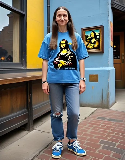 Prompt: a full-length portrait painting,
Mona Lisa,
standing on the sidewalk outside the 	Globe Theatre, 
smiley-face  t-shirt, 
long blue jean,
blue tennis shoes,
academic art, renaissance oil painting
