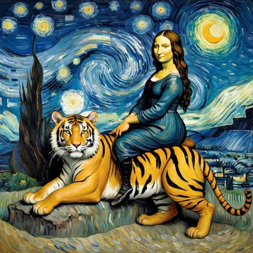 Prompt: Mona Lisa riding a Tiger  in  "The Starry Night" by Vincent van Gogh