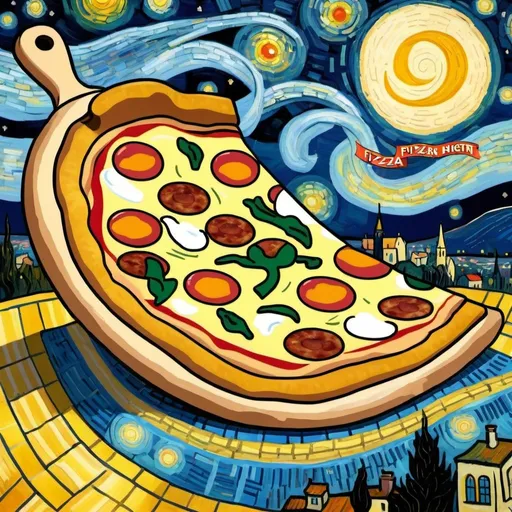 Prompt: A Pizza flying on a "magic carpet" in "The Starry Night" by Vincent van Gogh