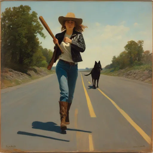 Prompt: <mymodel>a brave woman running down a  black asphalt road holding a baseball bat in her hand and wearing a leather jacket and t-shirt blue and jeans and cowboy boots , Dirk Crabeth, feminist art, promotional image, a character portrait
