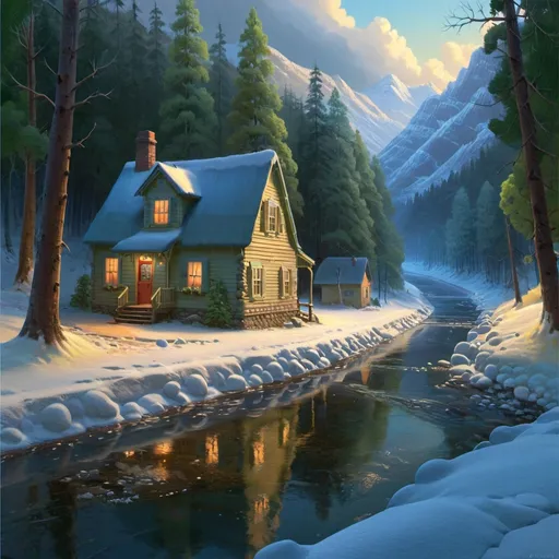 Prompt: a painting of a cabin in the woods with a river running through it and snow covered trees surrounding it, Evgeny Lushpin, american scene painting, kinkade, a detailed matte painting