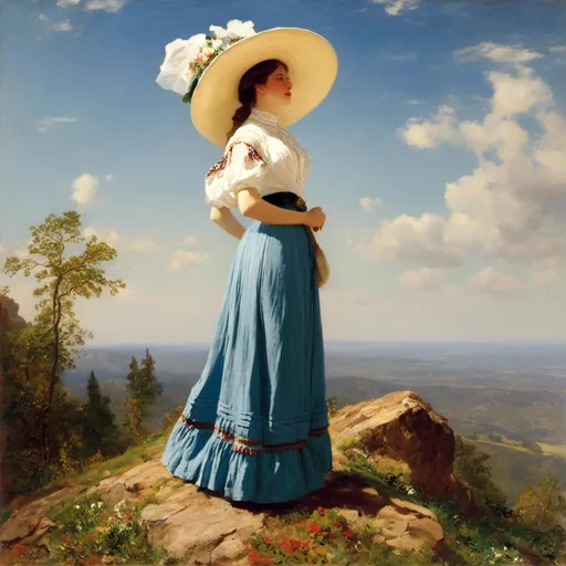 Prompt: a ((a 21-year-old woman in a long flower print Empire Dress with a high neck line and white hat)) standing facing US on top of a mountain with a blue sky in the background, Ella Guru, symbolism, giantess art, an album cover <mymodel> 