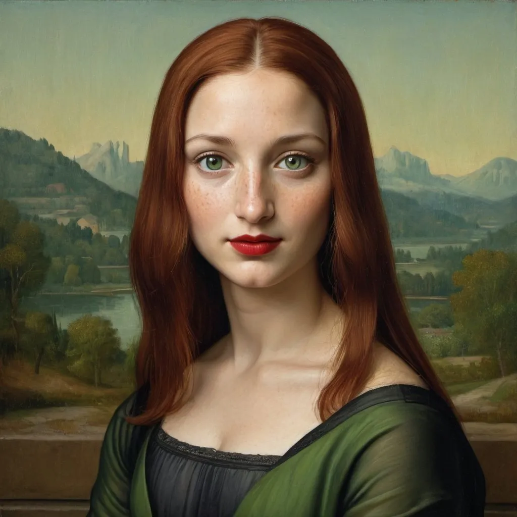 Prompt: portrait painting, Mona Lisa, half-length,  dark freckle, red hair, green eyes, red lipstick,