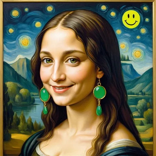 Prompt: a painting of Mona Lisa  long hair, on a smile on her face "yellow smiley face earrings", with a green background and a blue sky, Fra Bartolomeo, academic art, renaissance oil painting, a painting in the style of "The Starry Night" by Vincent van Gogh 