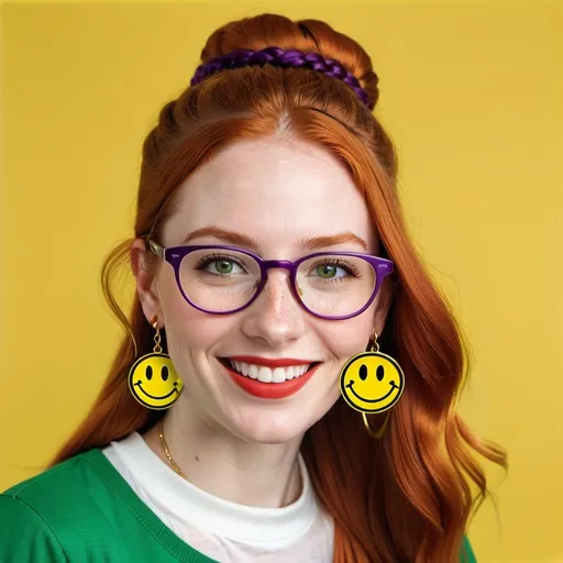 Prompt: 25-year-old woman with earrings 1970s smiley face yellow, green eyes. cover with dark freckle. long ginger hair ginger in a superbly done French braid.. wearing lipstick red. broad rimmed eyeglasses purple with purple frames. the woman is wearing a  white  t-shirt.  The shirt is a white shirt with  one large 1970s yellow smiley faces on it 


25-year-old woman with earrings 1970s smiley face yellow, green eyes. cover with dark freckle. long ginger hair ginger in a superbly done French braid.. wearing lipstick red. broad rimmed eyeglasses purple

The woman is wearing earrings. 1970s yellow smiley face earrings.

the woman is wearing a  white  t-shirt.  The shirt is a white shirt with one large 1970s yellow smiley face on it 