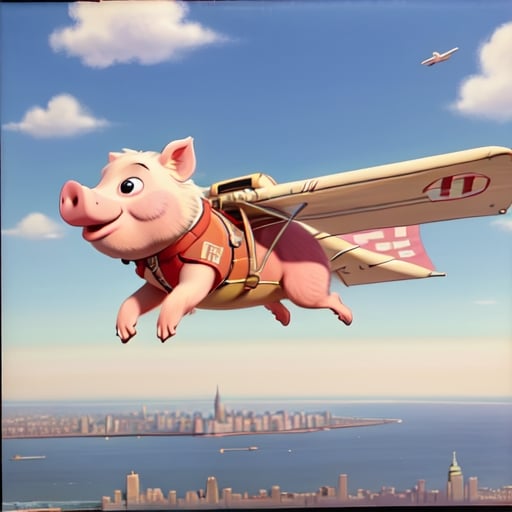 Prompt: a  pig ,  flying over New York city  on hang glider, 1970s oil painting,

